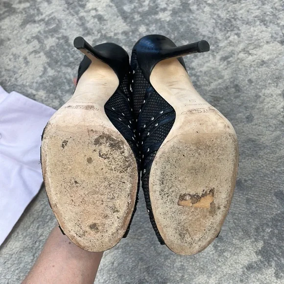 SOLD Jimmy Choo Karina Black Fishnet Studded Calf Leather Cage Heels with Box 37 - Picture 10 of 16